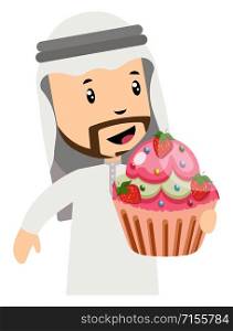 Arab men with cake, illustration, vector on white background.