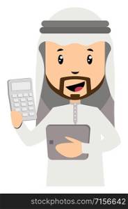 Arab men with calcualtor, illustration, vector on white background.