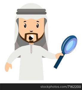 Arab men with magnifying glass, illustration, vector on white background.