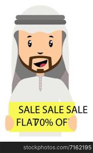 Arab men with sale sign, illustration, vector on white background.