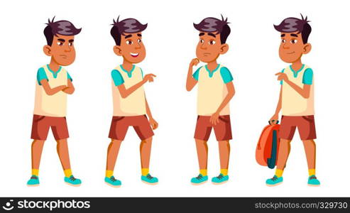 Arab, Muslim Boy Schoolboy Kid Poses Set Vector. High School Child. Clever, Studying. For Postcard, Announcement, Cover Design. Cartoon Illustration. Arab, Muslim Boy Schoolboy Kid Poses Set Vector. High School Child. Clever, Studying. For Postcard, Announcement, Cover Design. Isolated Cartoon Illustration