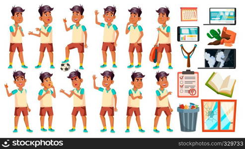 Arab, Muslim Boy Schoolboy Kid Poses Set Vector. High School Child. School Student. Athlete, Football Player. For Banner, Flyer, Web Design. Cartoon Illustration. Arab, Muslim Boy Schoolboy Kid Poses Set Vector. High School Child. School Student. Athlete, Football Player. For Banner, Flyer, Web Design. Isolated Cartoon Illustration