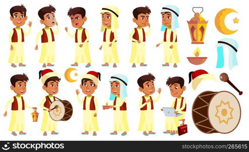 Arab, Muslim Boy Schoolboy Kid Poses Set Vector. School Child. Celebrating Ramadan Kareem. Life, Emotional. For Banner, Flyer, Web Design. Isolated Illustration. Arab, Muslim Boy Schoolboy Kid Poses Set Vector. School Child. Celebrating Ramadan Kareem. Life, Emotional. For Banner, Flyer, Web Design. Isolated Cartoon Illustration