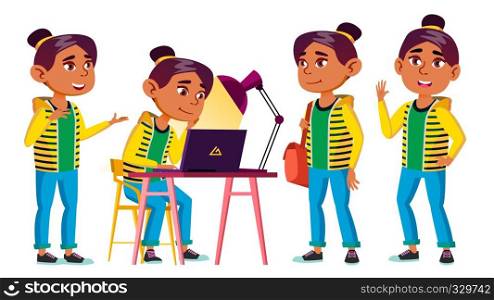 Arab, Muslim Girl Kid Poses Set Vector. High School Child. School Student. Cheer, Pretty, Youth. For Advertisement, Greeting, Announcement Design Cartoon Illustration. Arab, Muslim Girl Kid Poses Set Vector. High School Child. School Student. Cheer, Pretty, Youth. For Advertisement, Greeting, Announcement Design. Isolated Cartoon Illustration