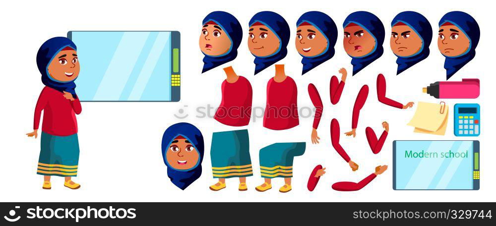 Arab, Muslim Girl Kid Vector. High School Child. Animation Creation Set. Face Emotions, Gestures. Schoolchild. September, Schoolchildren, Teen Web Brochure Design Animated Illustration. Arab, Muslim Girl Kid Vector. High School Child. Animation Creation Set. Face Emotions, Gestures. Schoolchild. September, Schoolchildren, Teen. Web, Brochure, Poster Design. Animated. Illustration