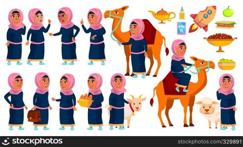 Arab, Muslim Girl School, Girl Kid Poses Set Vector. Primary School Child. Study. Knowledge, Learn, Lesson. Camel, Sheep Goat For Traditional Clothes Cartoon Illustration. Arab, Muslim Girl School, Girl Kid Poses Set Vector. Primary School Child. Study. Knowledge, Learn, Lesson. Camel, Sheep, Goat. For Traditional Clothes. Isolated Cartoon Illustration