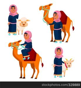 Arab, Muslim Girl Set Vector. Traditional Clothes. Camel, Sheep, Goat. For Web, Poster Booklet Design Cartoon Illustration. Arab, Muslim Girl Set Vector. Traditional Clothes. Camel, Sheep, Goat. For Web, Poster, Booklet Design. Isolated Cartoon Illustration