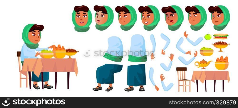 Arab, Muslim Girl Vector. Animation Creation Set. Face Emotions, Gestures. Smile. Food, Table, Lunch, Traditional Breakfast For Web Poster Design Animated Cartoon Illustration. Arab, Muslim Girl Vector. Animation Creation Set. Face Emotions, Gestures. Smile. Food, Table, Lunch, Traditional Breakfast. For Web, Poster, Booklet Design. Animated. Cartoon Illustration