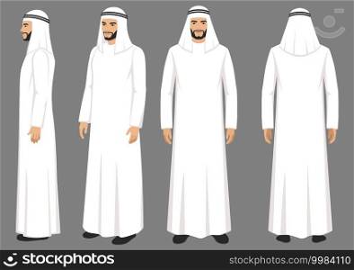 Arab muslim man character isolated on white background. Muslim man wearing traditional clothing front, rear, side view