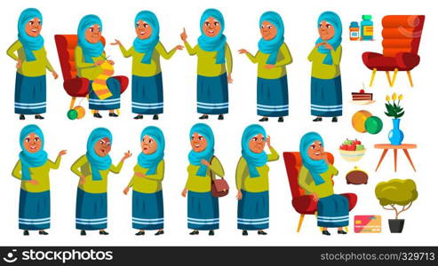 Arab, Muslim Old Woman Poses Set Vector. Elderly People. Senior Person. Aged. Cute Retiree. Activity. Advertisement, Greeting, Announcement Design Cartoon Illustration. Arab, Muslim Old Woman Poses Set Vector. Elderly People. Senior Person. Aged. Cute Retiree. Activity. Advertisement, Greeting, Announcement Design. Isolated Cartoon Illustration