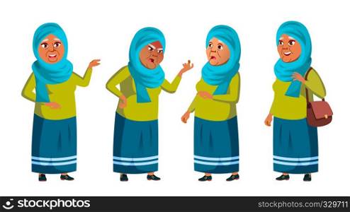 Arab, Muslim Old Woman Poses Set Vector. Elderly People. Senior Person. Aged. Positive Pensioner. Advertising, Placard, Print Design Isolated Illustration. Arab, Muslim Old Woman Poses Set Vector. Elderly People. Senior Person. Aged. Positive Pensioner. Advertising, Placard, Print Design. Isolated Cartoon Illustration
