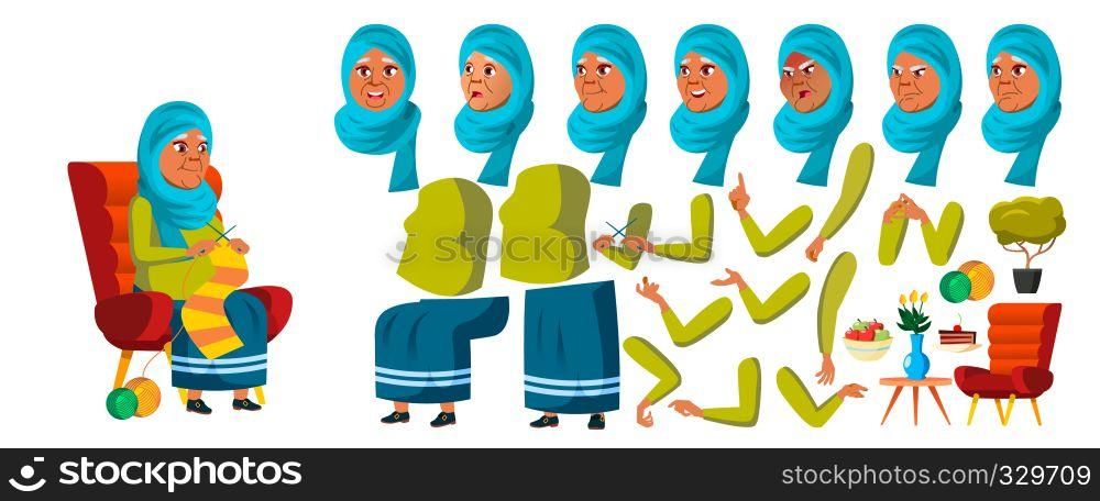 Arab, Muslim Old Woman Vector. Senior Person Portrait. Elderly People. Aged. Animation Creation Set. Face Emotions, Gestures. Funny Pensioner Announcement Animated Illustration. Arab, Muslim Old Woman Vector. Senior Person Portrait. Elderly People. Aged. Animation Creation Set. Face Emotions, Gestures. Funny Pensioner. Leisure. Announcement. Animated. Illustration