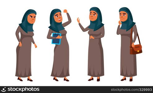 Arab, Muslim Teen Girl Poses Set Vector. Positive Office Manager Person. For Postcard, Cover, Placard Design. Cartoon Illustration. Arab, Muslim Teen Girl Poses Set Vector. Positive Office Manager Person. For Postcard, Cover, Placard Design. Isolated Cartoon Illustration