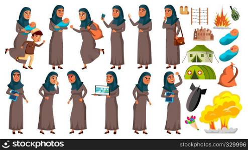 Arab, Muslim Teen Girl Poses Set Vector. Refugee, War, Bomb, Explosion, Panic. For Web Design Cartoon Illustration. Arab, Muslim Teen Girl Poses Set Vector. Refugee, War, Bomb, Explosion, Panic. For Web Design. Isolated Cartoon Illustration