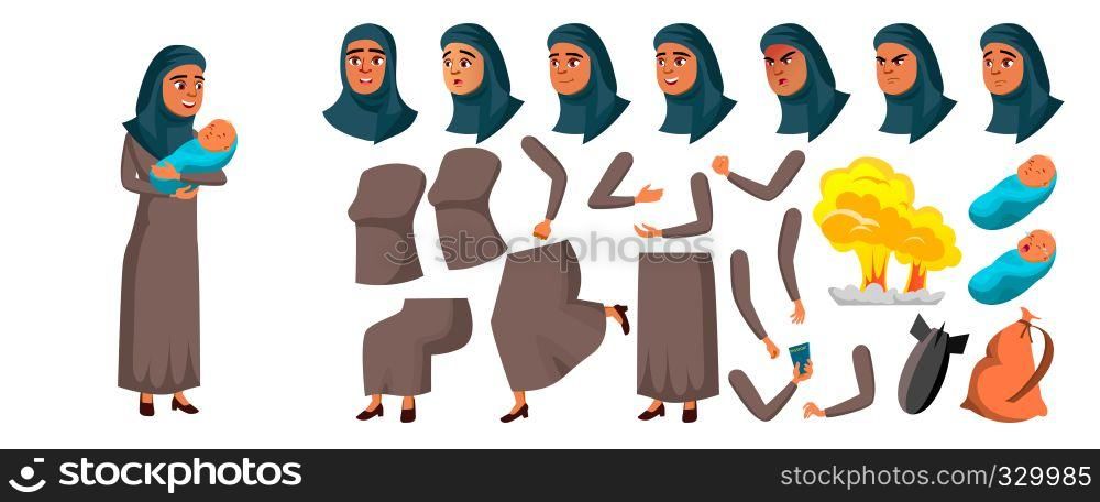 Arab, Muslim Teen Girl Vector. Animation Creation Set. Face Emotions, Gestures. Mother With Child. Animated. Explosion, War, Terrorist Attack Refugee Design Cartoon Illustration. Arab, Muslim Teen Girl Vector. Animation Creation Set. Face Emotions, Gestures. Mother With Child. Animated. Explosion, War, Terrorist Attack, Refugee. Design. Isolated Cartoon Illustration