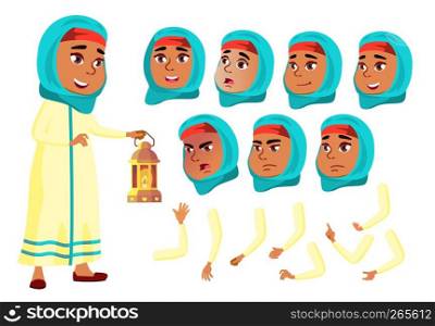 Arab, Muslim Teen Girl Vector. Teenager. Positive Person. Face Emotions, Various Gestures. Animation Creation Set. Isolated Flat Cartoon Illustration. Arab, Muslim Teen Girl Vector. Teenager. Positive Person. Face Emotions, Various Gestures. Animation Creation Set. Isolated Flat Cartoon Character Illustration