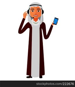 Arab operator with microphone man with headset customer service helpdesk service. Call center concept.