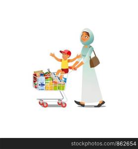 Arab or Muslim Woman in Hijab Walking with Happy Boy Sitting on Supermarket Shopping Cart Full of Food Products Cartoon Vector Characters Isolated on White Background. Mother Buying Groceries with Son