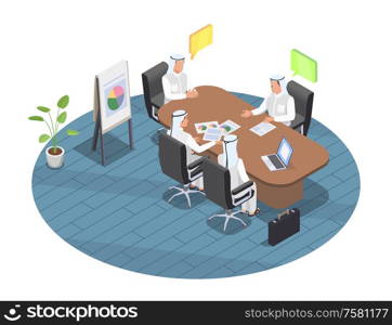 Arab people at business meeting in office 3d isometric vector illustration