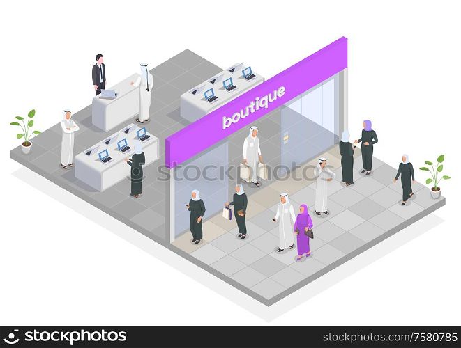 Arab people doing shopping isometric composition 3d vector illustration
