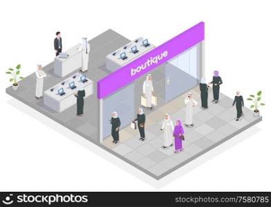 Arab people doing shopping isometric composition 3d vector illustration