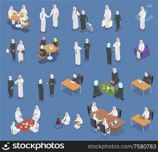 Arab people in different situations isometric icons set isolated on blue background 3d vector illustration