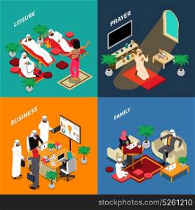 Arab People Lifestyle Isometric Design Concept. Isometric design concept with lifestyle of arab people in family during prayer business leisure isolated vector illustration