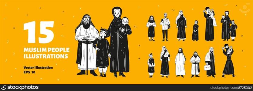 Arab people, male and female characters of different ages. Muslim persons in traditional clothes, men in keffiyeh, women in hijab, kids and old persons, vector hand drawn black and white set. Arab people, muslim characters of different ages
