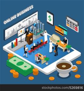 Arab People Online Business Isometric Illustration. Online business design with arab people at conference, in office on mobile device screen isometric vector illustration