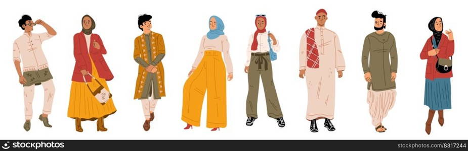 Arab people, young male and female characters wearing traditional dress and headwear. Isolated trendy arabian men and women. Muslim culture and fashion concept. Cartoon linear flat vector illustration. Arab people, young male and female characters