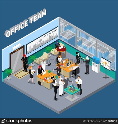 Arab Persons In Office Isometric Illustration. Arab persons in traditional clothing and european workers and partners in office in skyscraper isometric vector illustration