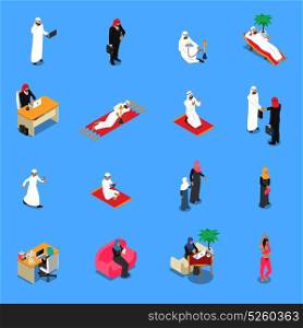 Arab Persons Isometric Set. Arab persons in traditional clothing during work and leisure isometric set on blue background isolated vector illustration
