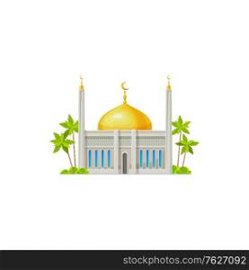 Arab religion architecture, sultan house, place of pray isolated icon. Vector muslim mosque, islam religion building. Masjid temple, minaret landmark with palm trees, Eid Mubarak and Ramadan sign. Muslim mosque with crescent moon on dome isolated