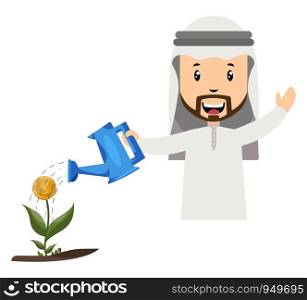 Arab watering flower, illustration, vector on white background.