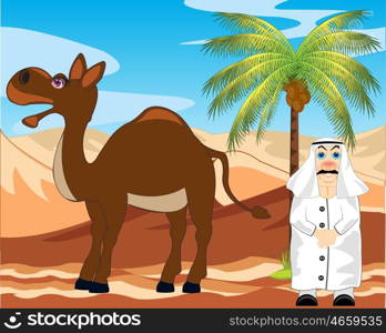 Arab with camel in desert. Landscape to hot desert and men of the arab with camel