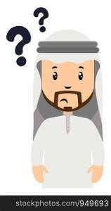 Arab with question marks, illustration, vector on white background.
