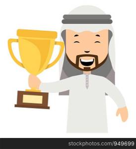 Arab with trophy, illustration, vector on white background.