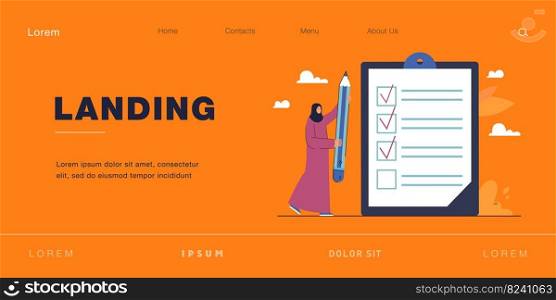 Arab woman in hijab holding giant pencil next to checklist. Muslim female character checking tasks flat vector illustration. Success, questionnaire concept for banner, website design or landing page