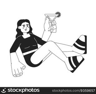 Arab woman with martini glass monochromatic flat vector character. Nightlife drinking. Summer vibes. Editable thin line full body person on white. Simple bw cartoon spot image for web graphic design. Arab woman with martini glass monochromatic flat vector character