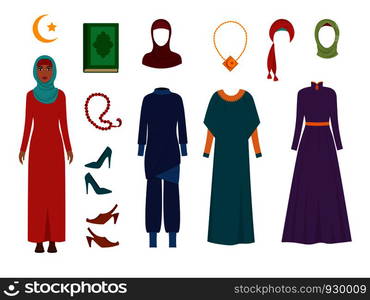 Arab women clothes. National islamic fashion female wardrobe items headscarf hijab dress iranian muslims turkish girls vector pictures. Traditional muslim dress, headgear and headdress illustration. Arab women clothes. National islamic fashion female wardrobe items headscarf hijab dress iranian muslims turkish girls vector pictures