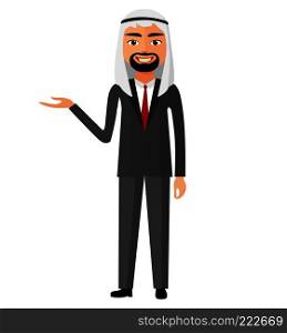 Arab yemen business man presents something vector flat cartoon illustration.