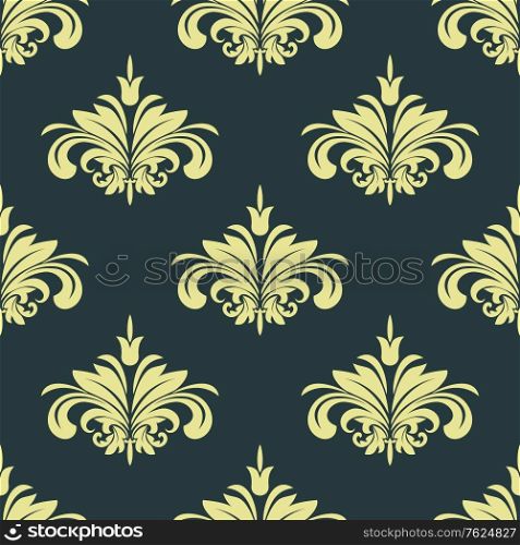 Arabesque damask style seamless background pattern with repeat floral motifs in yellow on a dark grey ground suitable for fabric and wallpaper design. Arabesque damask style seamless background pattern