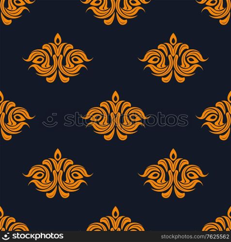 Arabesque damask style seamless pattern with repeat floral motifs in orange on a navy blue background suitable for fabric and wallpaper design. Arabesque damask style seamless pattern