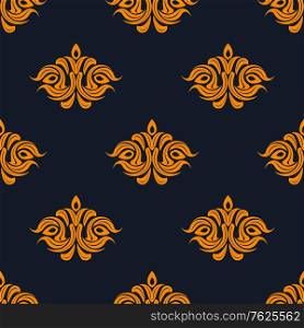 Arabesque damask style seamless pattern with repeat floral motifs in orange on a navy blue background suitable for fabric and wallpaper design. Arabesque damask style seamless pattern