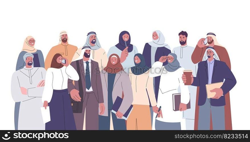 Arabian business people team. Young arab colleagues portrait, saudi businessmen and women work together. Muslim corporate kicky vector characters of arabian team illustration. Arabian business people team. Young arab colleagues portrait, saudi businessmen and women work together. Muslim corporate kicky vector characters