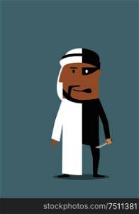 Arabian businessman with two personalities, one is successful entrepreneur in national garment and another as robber and thief with knife in black costume and mask. Criminal or illegal themes concept. Businessman and robber are in one arab man