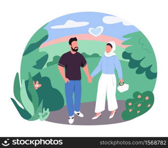 Arabian couple on walk 2D vector web banner, poster. Man and woman in park hold hands. Muslim family flat characters on cartoon background. Romantic vacation printable patch, colorful web element. Arabian couple on walk 2D vector web banner, poster