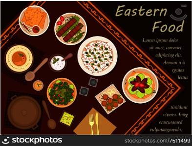 Arabian cuisine flat icons of festive table with kebab, falafels, pita bread with dipping sauces, hummus, rice, pickled green olives and lahmacun with meat and vegetables. Arabian cuisine food with festive dinner