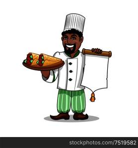 Arabian cuisine icon. Arabian Chef in uniform holding menu card template and kebab rolled in pita bread. Vector emblem for restaurant signboard, menu, decoration. Arabian restaurant Chef with menu and pita kebab