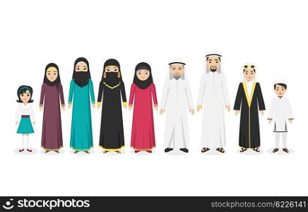 Arabian family people in national clothes design flat. Arabian man and family, arabesque or islamic people, muslim arabic family, boy arab, parent islam, man woman and children. Vector illustration